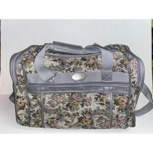Bovano Vintage Gray Floral Tapestry Duffle Overnight Travel Bag Suitcase Women's